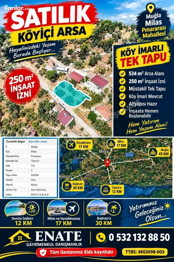 Muğla Milas Pınararası Mahallesi 534 m² satılık konut arsa - Fotoğraf 1