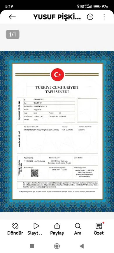 Çanakkale Gelibolu Karainebeyli Köyü Mahallesi 2.155 m² satılık tarla arsa - Fotoğraf 1