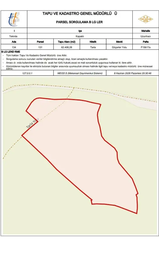 Tekirdağ Kapaklı Uzunhacı Mahallesi 10.401 m² satılık tarla arsa - Fotoğraf 1