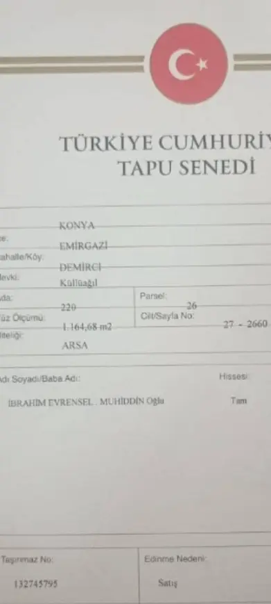Konya Emirgazi Demirci Mahallesi 1.164 m² satılık konut arsa - Fotoğraf 1