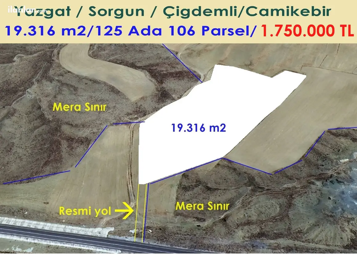 Yozgat Sorgun Çiğdemli, Camiikebir Mahallesi 19.316 m² satılık arazi arsa - Fotoğraf 1