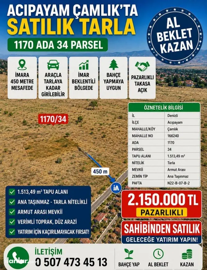 Denizli Acıpayam Çamlık Mahallesi 1.513 m² satılık tarla arsa - Fotoğraf 1