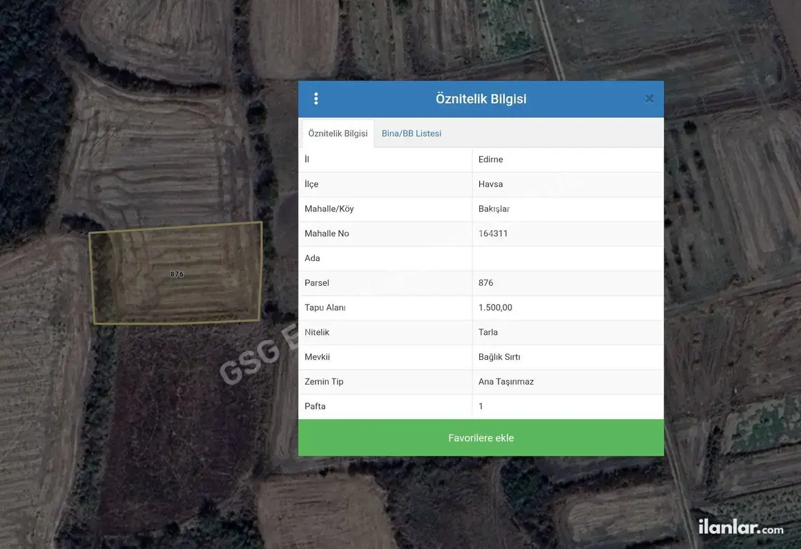 Edirne Havsa Bakışlar Köyü Mahallesi 1.500 m² satılık tarla arsa - Fotoğraf 1