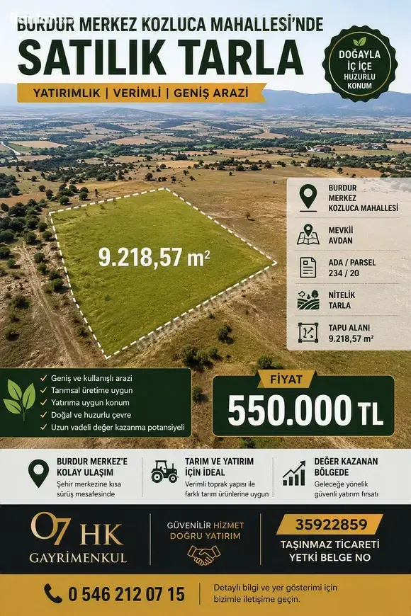 Burdur Merkez Kozluca, Mithat Paşa Mahallesi 9.218 m² satılık bağ & Bahçe arsa - Fotoğraf 1