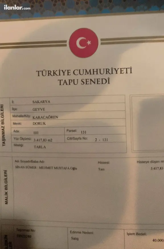 Sakarya Geyve Karacaören Mahallesi 3.417 m² satılık tarla arsa - Fotoğraf 1