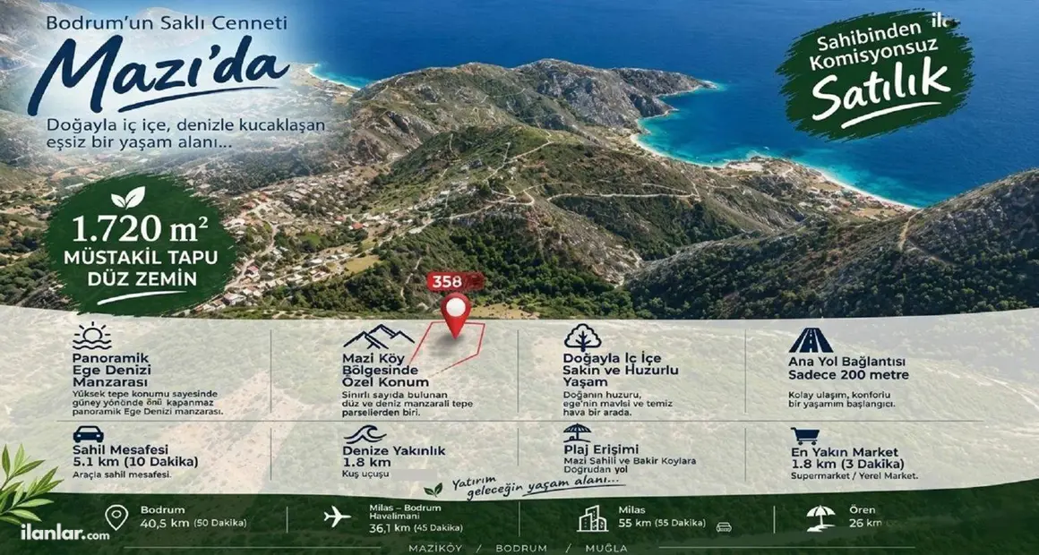 Muğla Bodrum Mazıköy Mahallesi 1.720 m² satılık tarla arsa - Fotoğraf 1