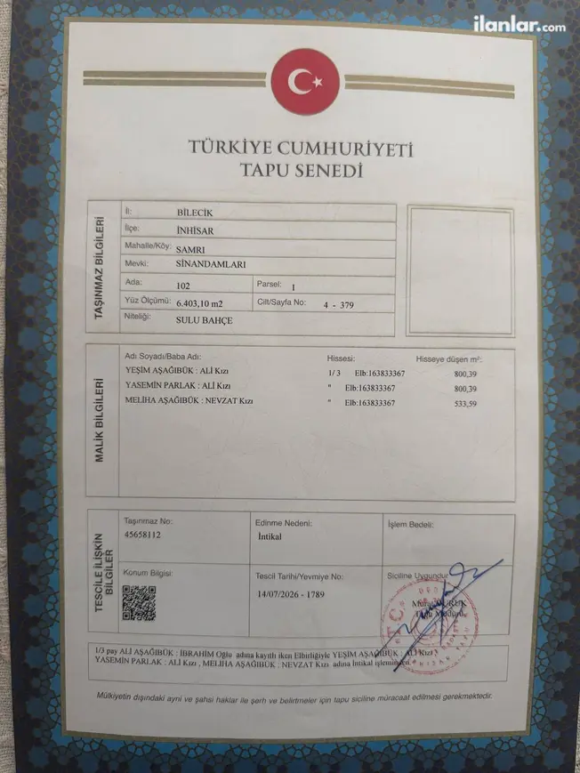 Bilecik İnhisar Koyunlu Köyü Mahallesi 19.500 m² satılık bağ & Bahçe arsa - Fotoğraf 1