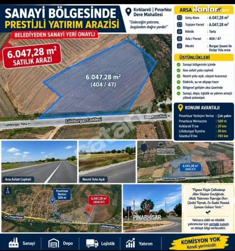 Kırklareli Pınarhisar Dere Mahallesi 6.047 m² satılık tarla arsa - Fotoğraf 1
