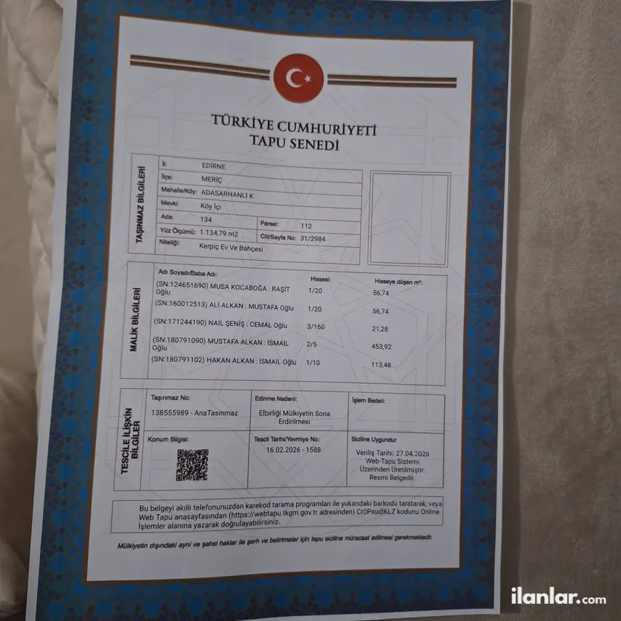 Edirne Meriç Adasarhanlı Köyü Mahallesi 453.092 m² satılık konut arsa - Fotoğraf 1