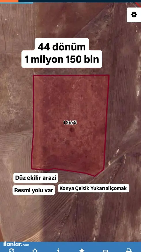 Konya Çeltik Yukarıaliçomak Mahallesi 44.000 m² satılık tarla arsa - Fotoğraf 1