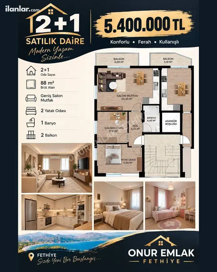 Muğla Fethiye Karaçulha Mahallesi 2+1 75 m² satılık daire - Fotoğraf 1