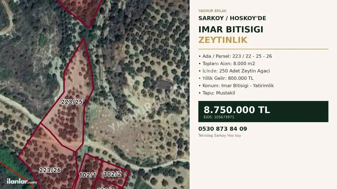 Tekirdağ Şarköy Hoşköy Mahallesi 8.000 m² satılık bağ & Bahçe arsa - Fotoğraf 1
