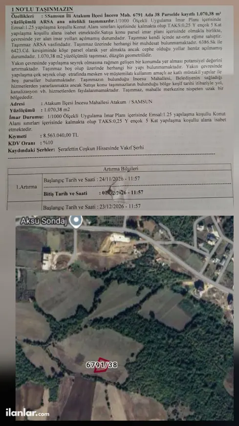 Samsun Atakum İncesu Mahallesi 1.070 m² satılık konut arsa - Fotoğraf 1