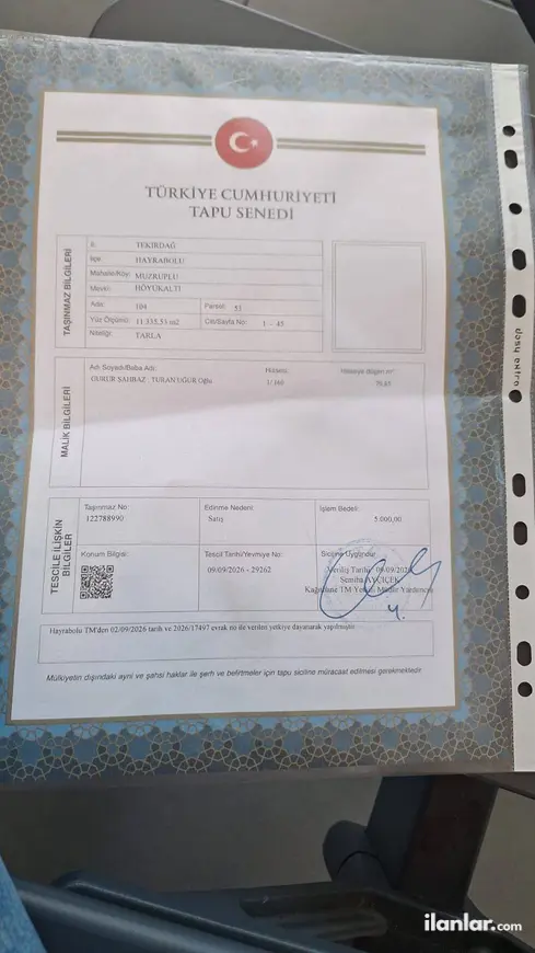 Tekirdağ Hayrabolu Muzruplu Mahallesi 70 m² satılık tarla arsa - Fotoğraf 1