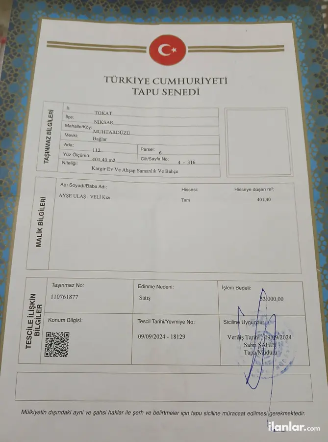 Tokat Niksar Muhtardüzü Köyü Mahallesi 1+1 401 m² satılık müstakil Ev - Fotoğraf 1