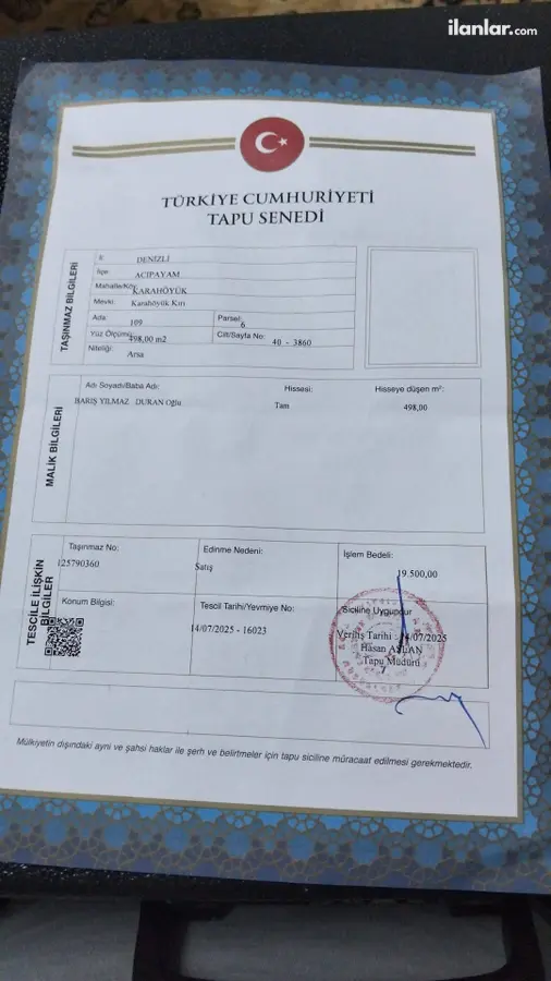 Denizli Acıpayam Karahüyük Mahallesi 498 m² satılık konut arsa - Fotoğraf 1