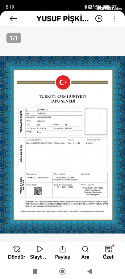 Çanakkale Gelibolu Karainebeyli Köyü Mahallesi 2.155 m² satılık tarla arsa - Fotoğraf 1