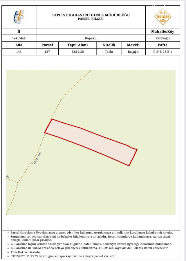 Tekirdağ Kapaklı Yanıkağıl Mahallesi 3.667 m² satılık tarla arsa - Fotoğraf 2