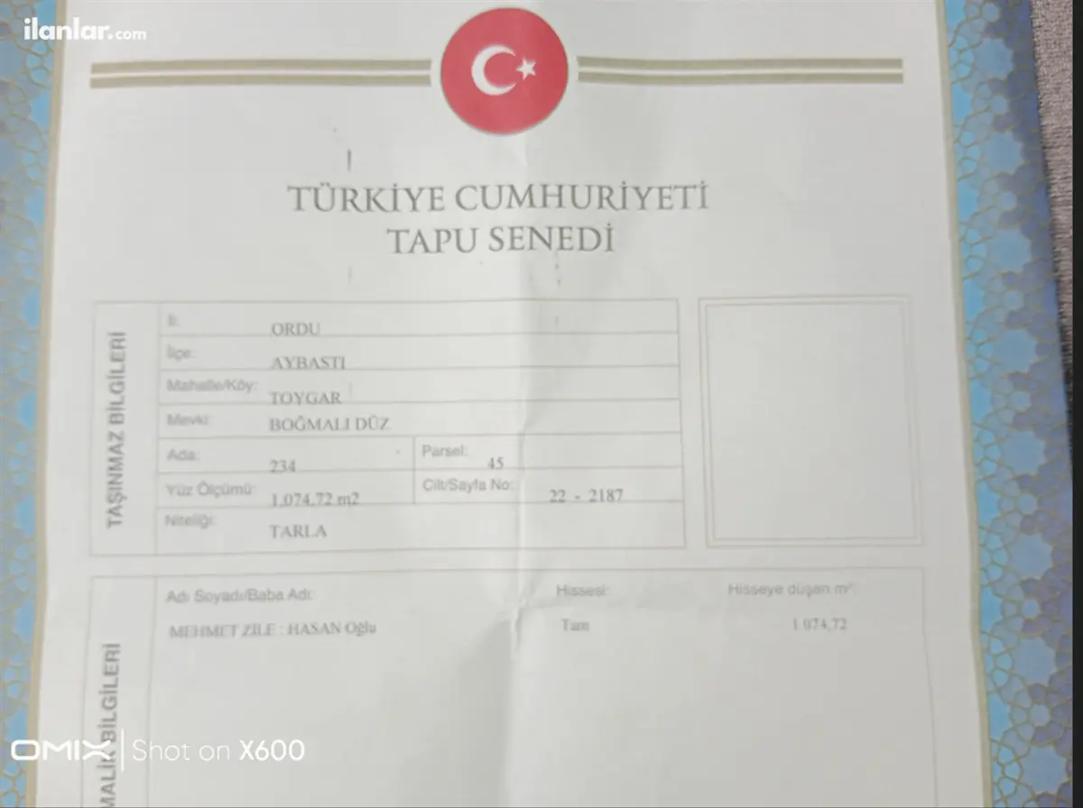 Ordu Aybastı Toygar Mahallesi 1.075 m² satılık çiftlik arsa - Fotoğraf 1