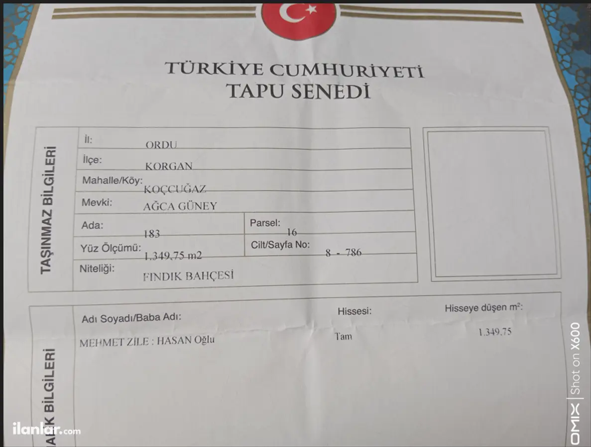 Ordu Korgan Koçcuğaz Mahallesi 1.350 m² satılık çiftlik arsa - Fotoğraf 2