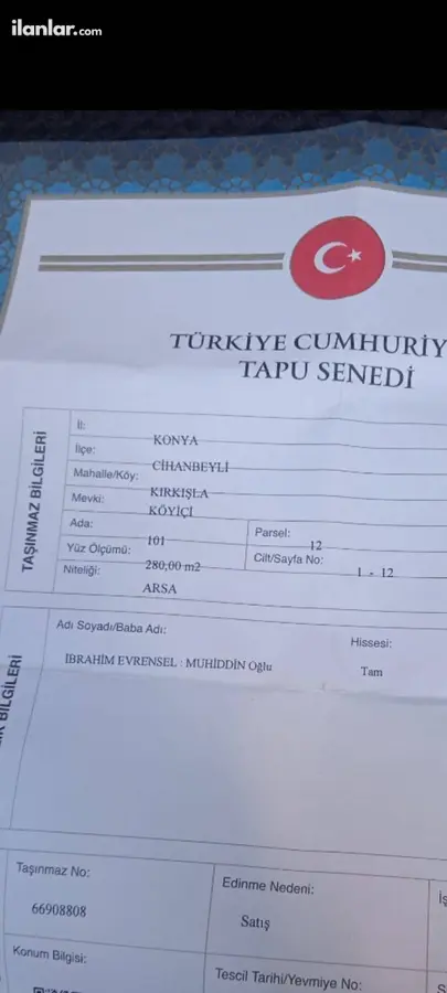 Konya Cihanbeyli Kırkışla Mahallesi 280 m² satılık konut arsa - Fotoğraf 1