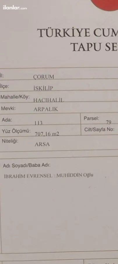 Çorum İskilip Hacıhalil, Merkez Mahallesi 707 m² satılık konut arsa - Fotoğraf 2