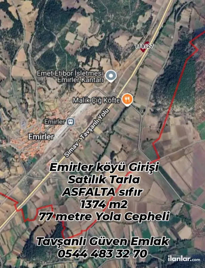Kütahya Tavşanlı Emirler Köyü Mahallesi 1.375 m² satılık tarla arsa - Fotoğraf 1