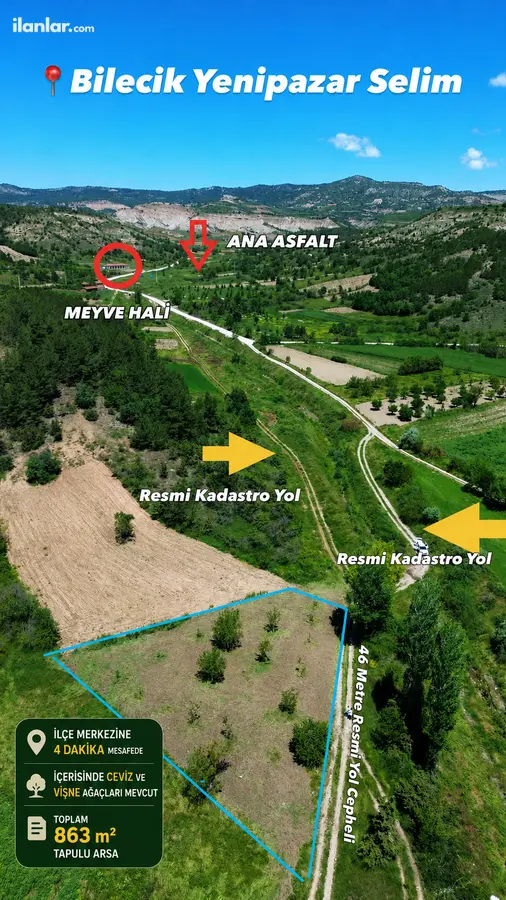 Bilecik Yenipazar Selim Köyü Mahallesi 863 m² satılık bağ & Bahçe arsa - Fotoğraf 1