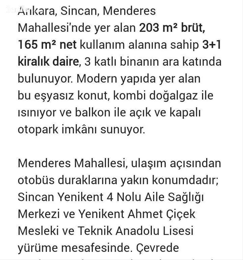 Ankara Sincan Menderes Mahallesi 3+1 203 m² kiralık daire - Fotoğraf 2