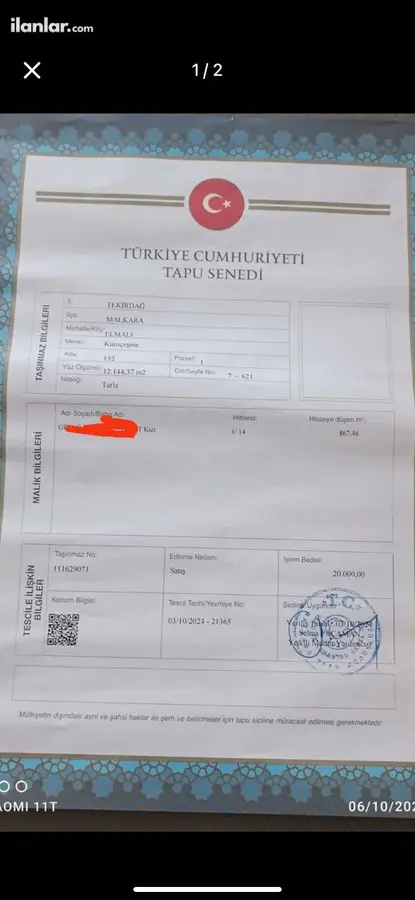 Tekirdağ Malkara Elmalı Mahallesi 867 m² satılık tarla arsa - Fotoğraf 1