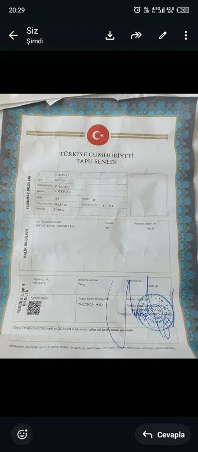 Sakarya Geyve Sütalan Mahallesi 206 m² satılık arazi arsa - Fotoğraf 2