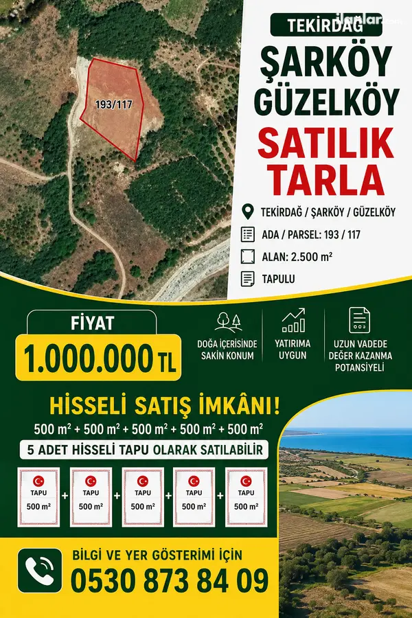 Tekirdağ Şarköy Güzelköy Mahallesi 2.500 m² satılık tarla arsa - Fotoğraf 3