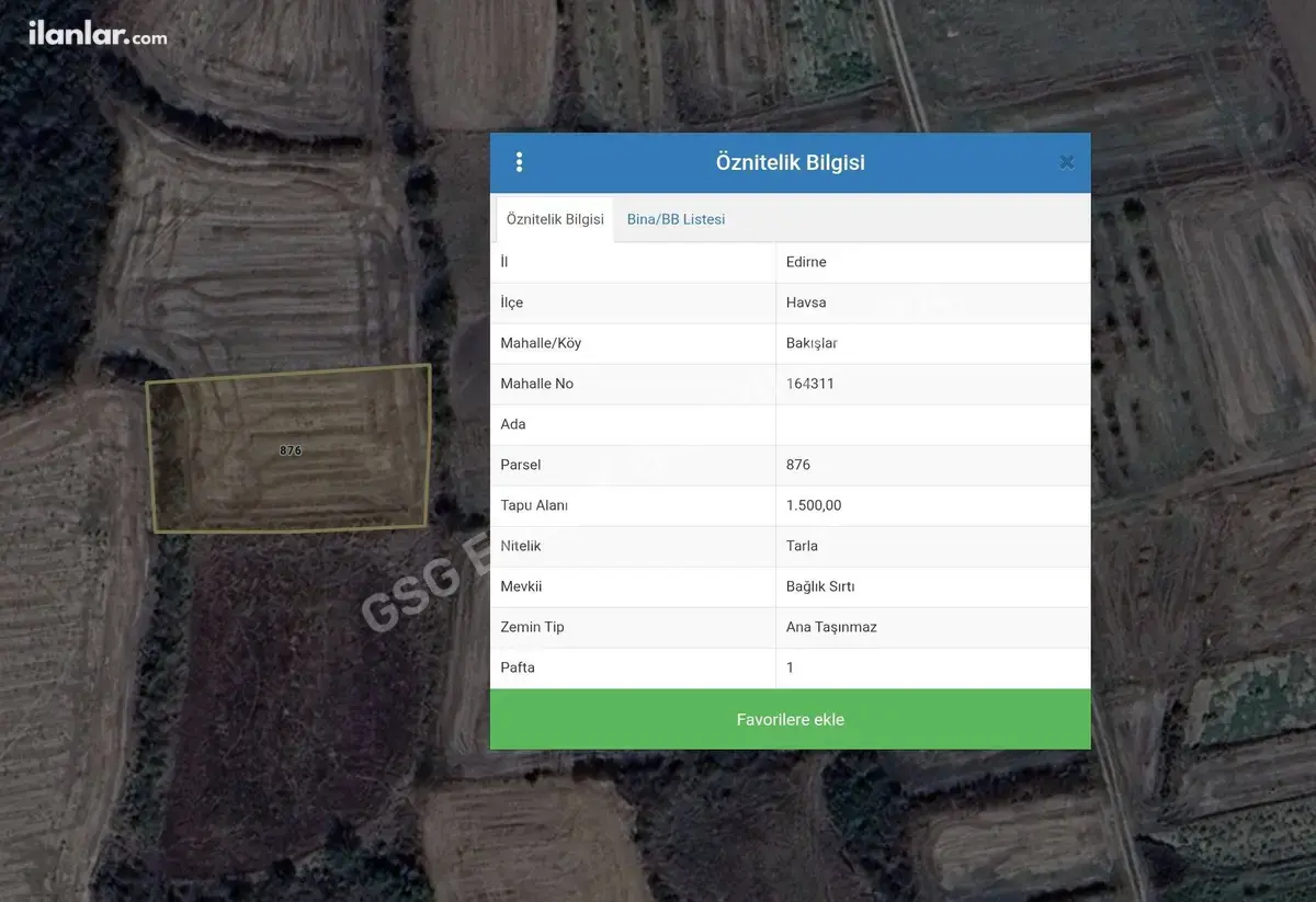Edirne Havsa Bakışlar Köyü Mahallesi 1.500 m² satılık tarla arsa - Fotoğraf 1