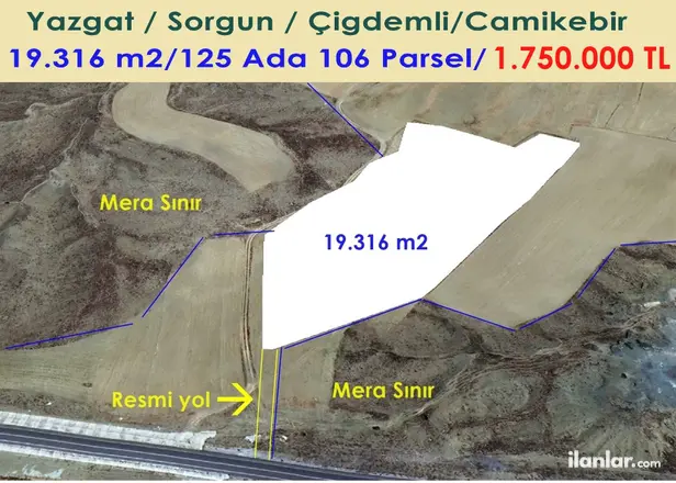 Yozgat Sorgun Çiğdemli, Camiikebir Mahallesi 19.316 m² satılık arazi arsa - Fotoğraf 1