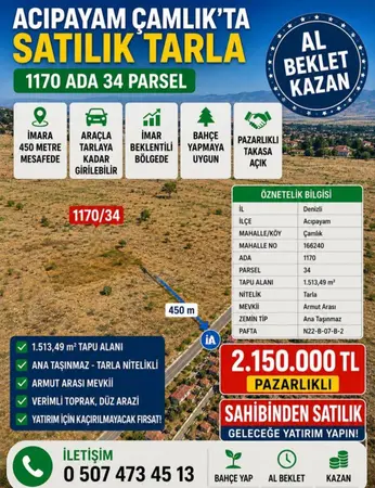 Denizli Acıpayam Çamlık Mahallesi 1.513 m² satılık - Fotoğraf 1