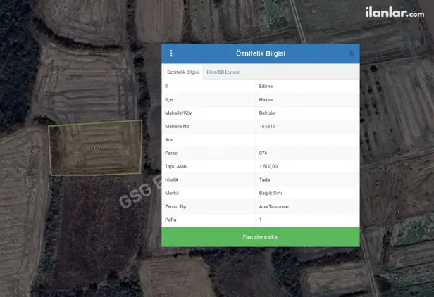 Edirne Havsa Bakışlar Köyü Mahallesi 1.500 m² satılık - Fotoğraf 1