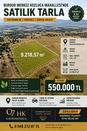 Burdur Merkez Kozluca, Mithat Paşa Mahallesi 9.218 m² satılık - Fotoğraf 1