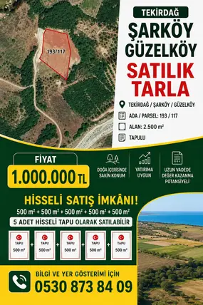 Tekirdağ Şarköy Güzelköy Mahallesi 2.500 m² satılık tarla arsa - Fotoğraf 3