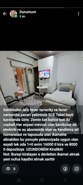 SAHIBINDEN LARA FENER TERRACITY YAKININDA KIRALIK ESYALI 1+0 EV