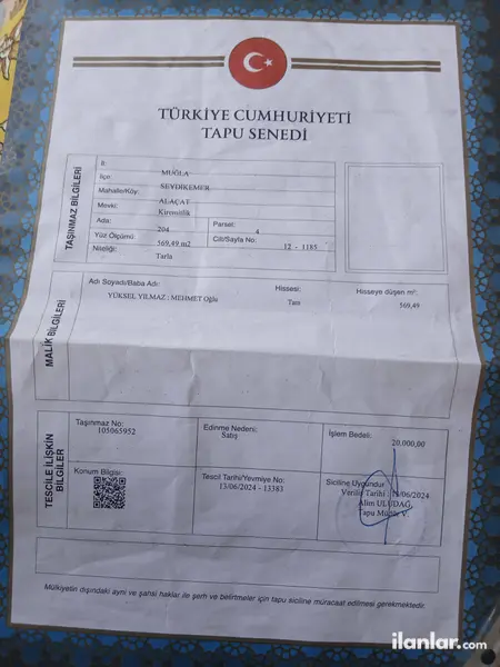 Muğla Seydikemer Alaçat Mahallesi 569 m² satılık tarla arsa - Fotoğraf 1