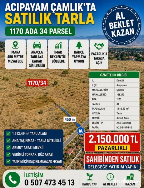 Denizli Acıpayam Çamlık Mahallesi 1.513 m² satılık - Fotoğraf 1