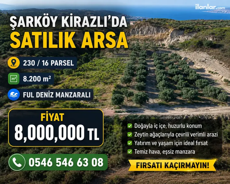 Tekirdağ Şarköy Kirazlı Mahallesi 8.200 m² satılık zeytinlik arsa - Fotoğraf 1