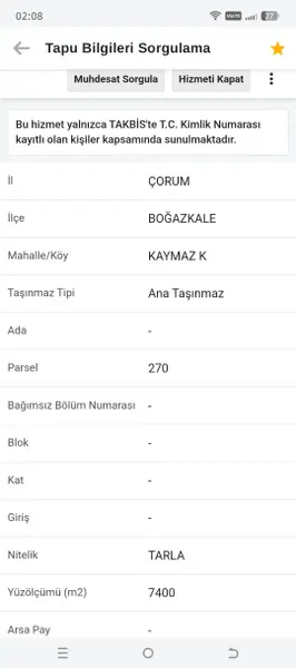 Çorum Boğazkale Kaymaz Köyü Mahallesi 7.400 m² satılık tarla arsa - Fotoğraf 1