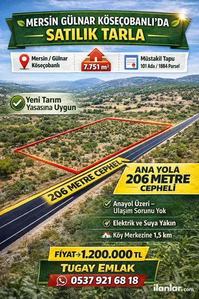 Mersin Gülnar Köseçobanlı Mahallesi 7.751 m² satılık tarla arsa - Fotoğraf 1