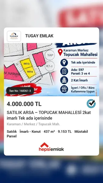 Karaman Merkez Topucak Mahallesi 437 m² satılık ticari + Konut arsa - Fotoğraf 1