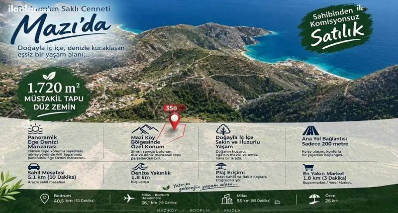 Muğla Bodrum Mazıköy Mahallesi 1.720 m² satılık tarla arsa - Fotoğraf 1