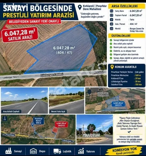 Kırklareli Pınarhisar Dere Mahallesi 6.047 m² satılık tarla arsa - Fotoğraf 1