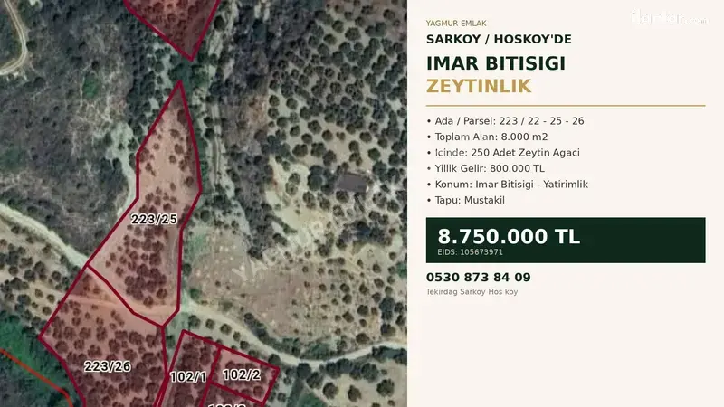 Tekirdağ Şarköy Hoşköy Mahallesi 8.000 m² satılık bağ & Bahçe arsa - Fotoğraf 1