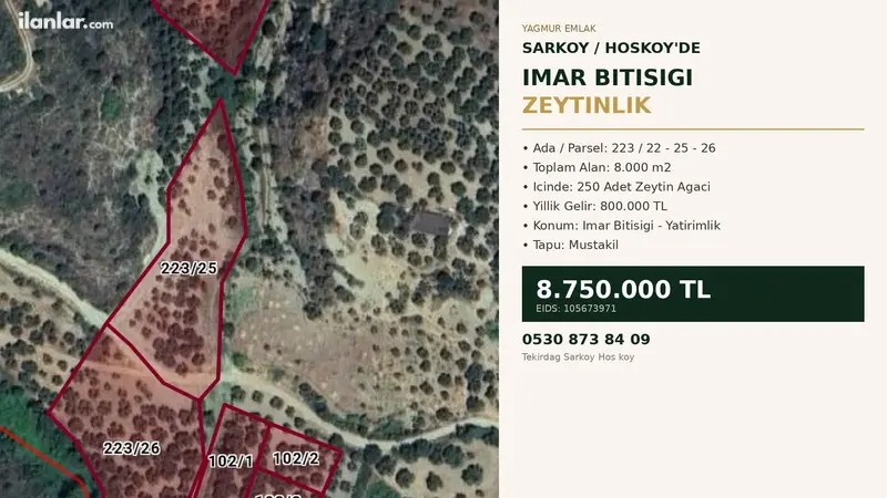 Tekirdağ Şarköy Hoşköy Mahallesi 8.000 m² satılık bağ & Bahçe arsa - Fotoğraf 1