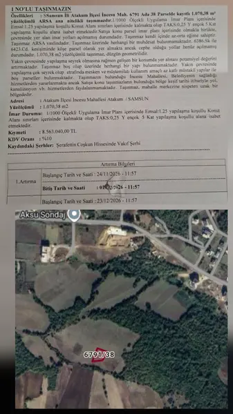 Samsun Atakum İncesu Mahallesi 1.070 m² satılık - Fotoğraf 1